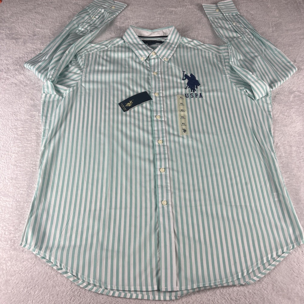 US Polo Assn Xl Men's Button Down Striped Green/White USPA Logo NWT